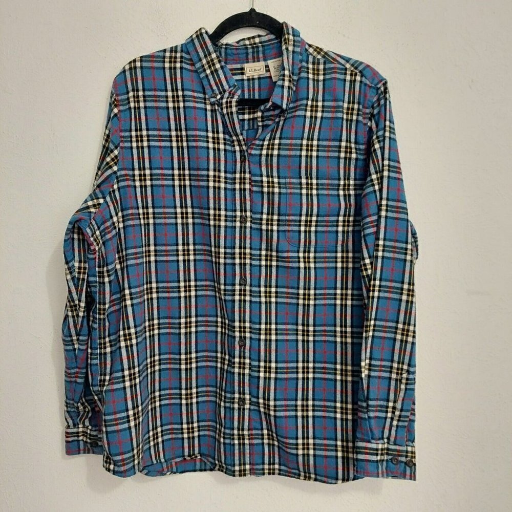 LL Bean Flannel Plaid Shirt Men’s Blue Check Long Sleeve Outdoor Hike Size XL